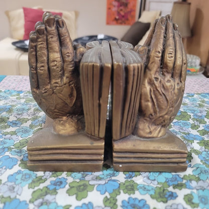 Vintage Marwal Chalkware praying hands bookends gold faux bronze religious