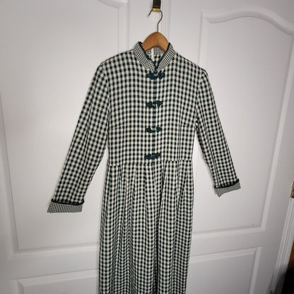 Vintage Plaza South Green Gingham Check Midi Dress Large Frog Closures Medium