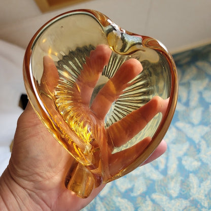 Handblown art glass trinket bon bon candy dish golden yellow heart shaped