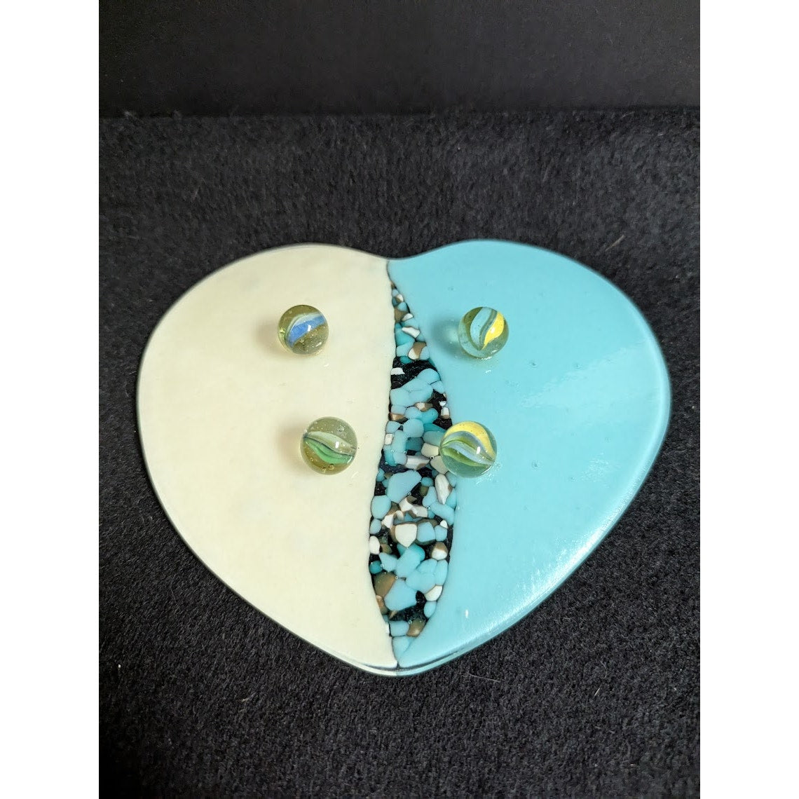 Artist made fused glass heart soap dish trinket dish blue white and black footed