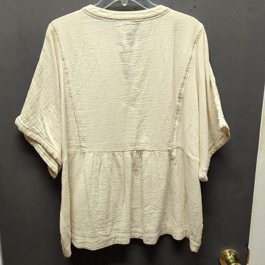 Wonderly Cream Gauze Cotton Peplum Blouse Boho Short Sleeve Top Large Casual