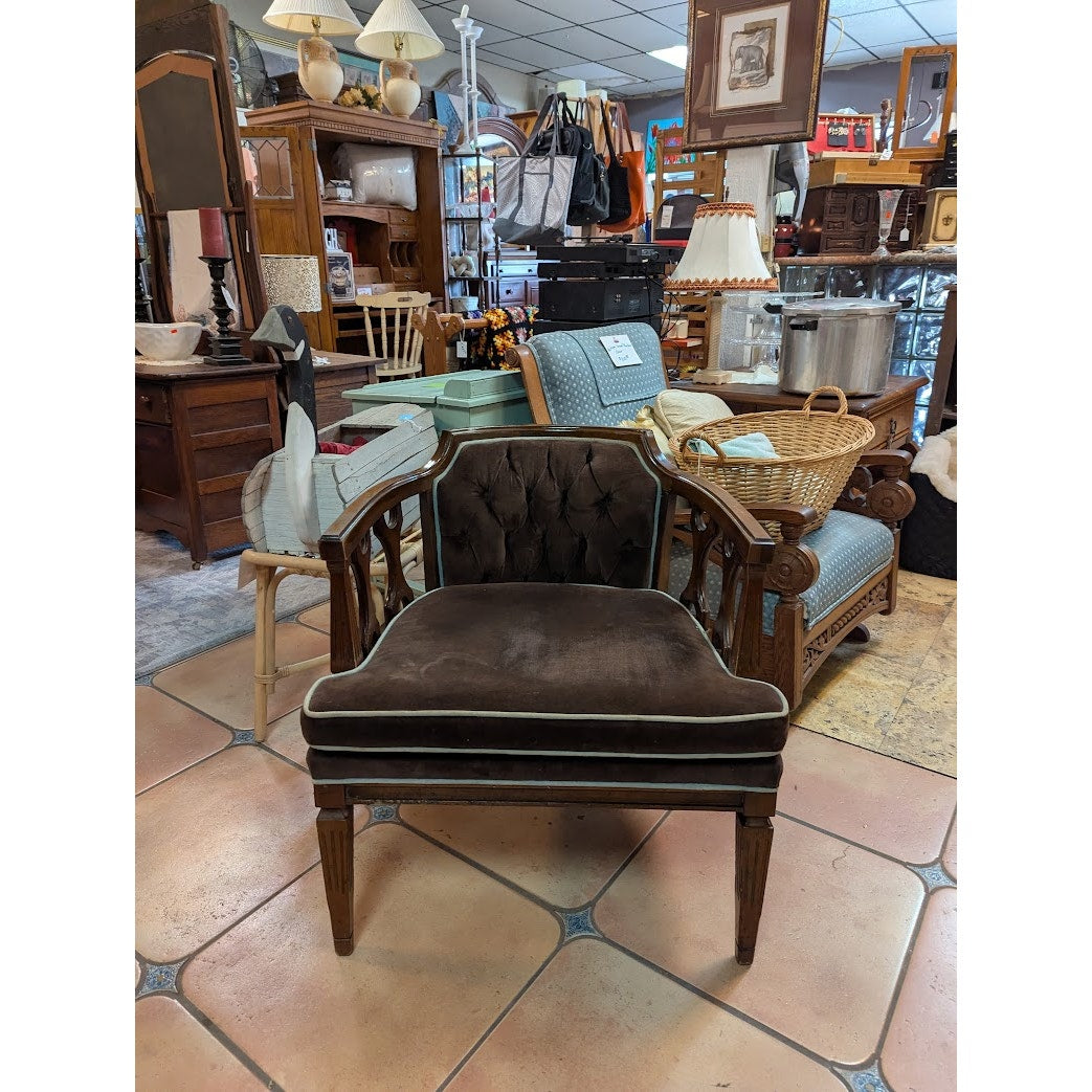 Secondhand Sandies: MCM Occasional Chair Chocolate Velvet with blue piping Tufted