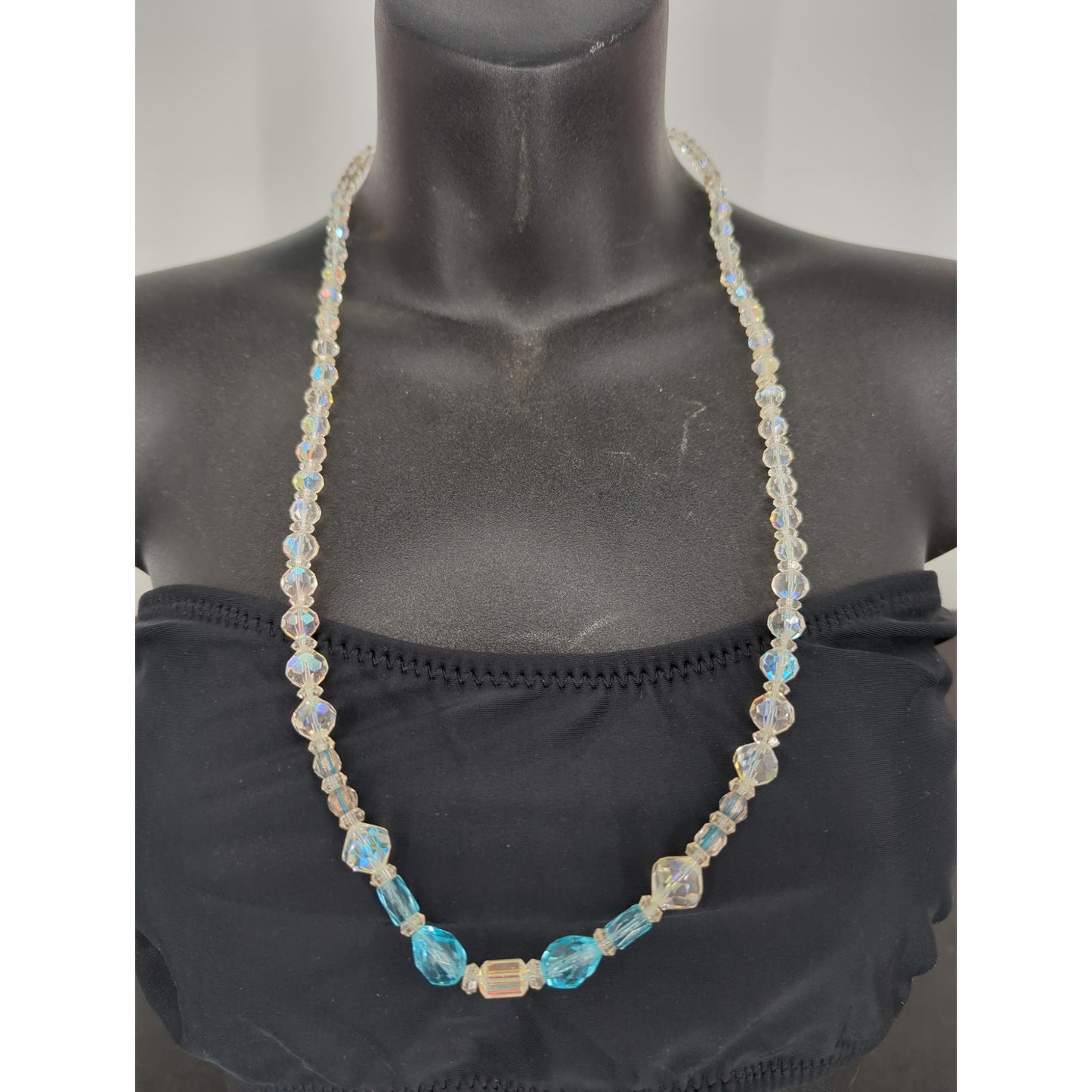 Vintage Beaded Toggle Clasp Statement Necklace Light Blue Gold Tone Bohemian