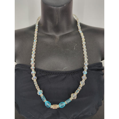 Vintage Beaded Toggle Clasp Statement Necklace Light Blue Gold Tone Bohemian