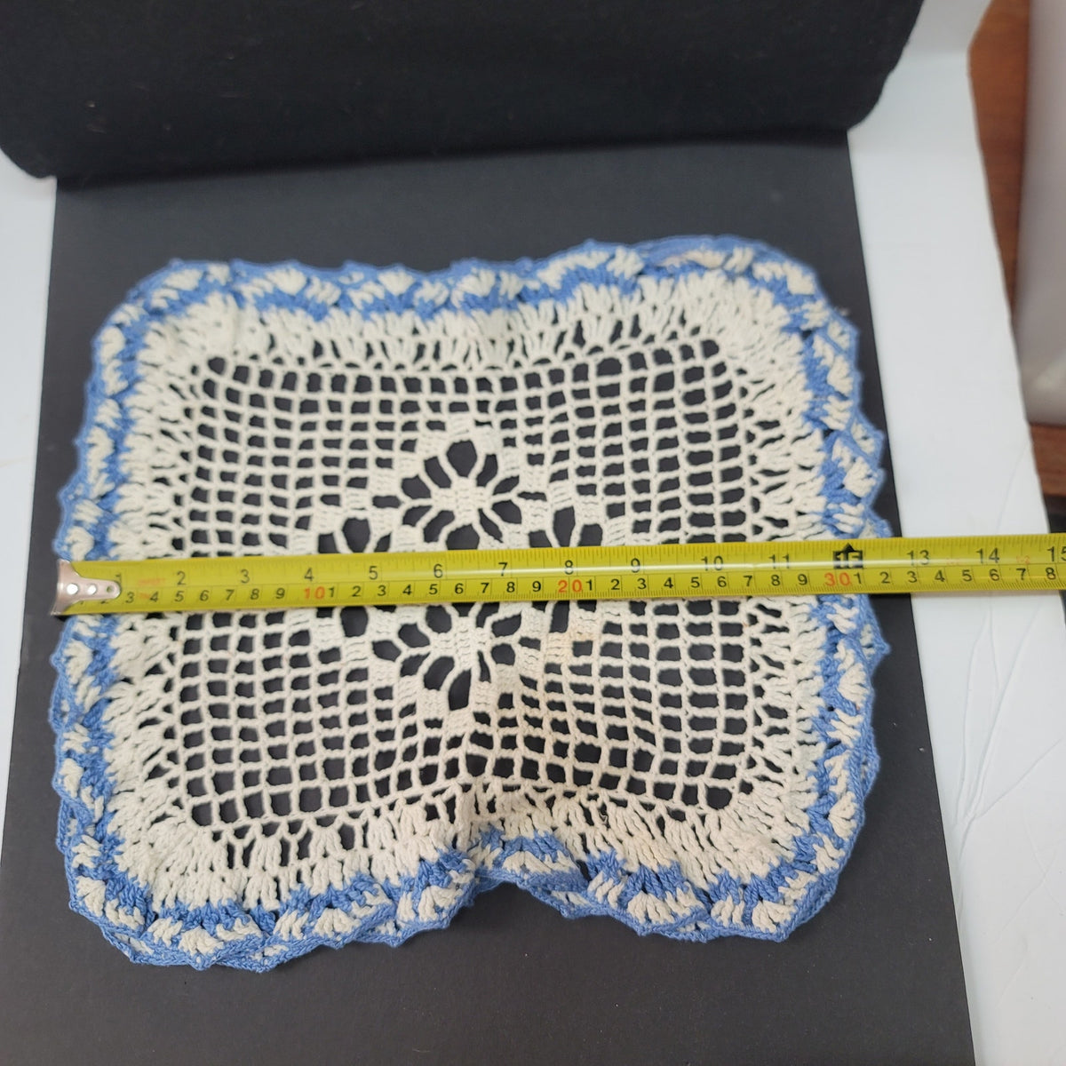 Vintage 2D raised cream and blue doily square handmade crochet