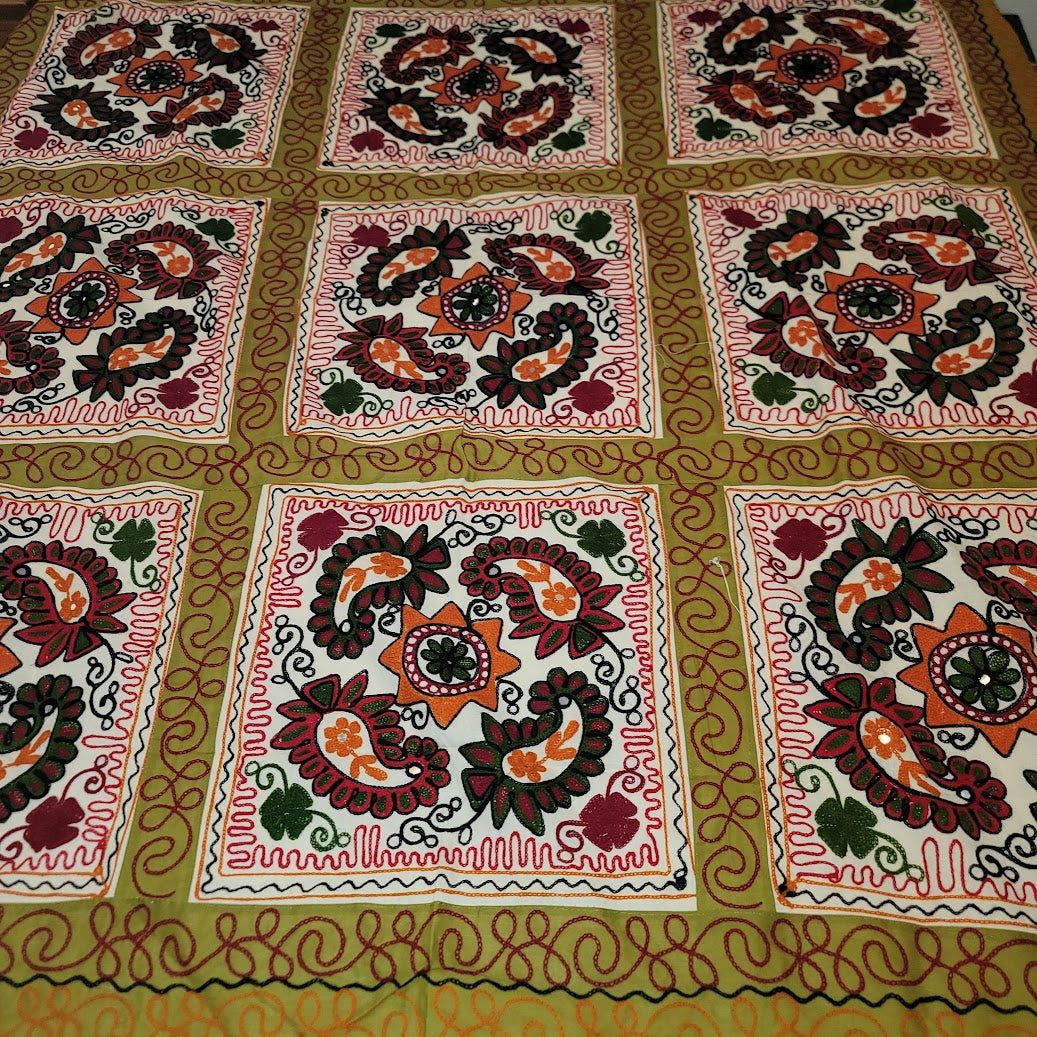 Paisley Orange Green Cream Queen/Full Embroidered coverlet blanket 2 pillow sham