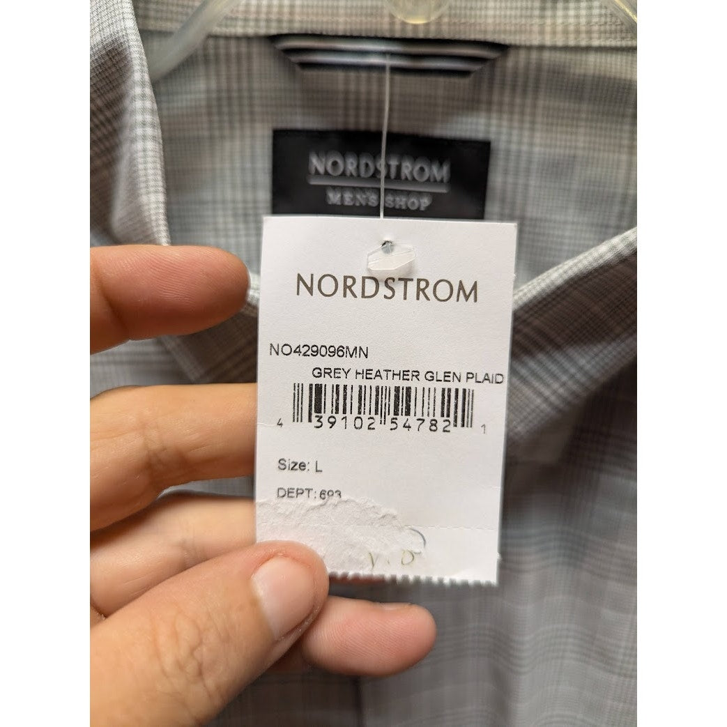 Nordstrom Men's Tech-Smart Large Trim Fit Button Down Gray White Plaid Shirt NEW