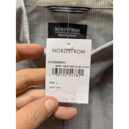 Nordstrom Men's Tech-Smart Large Trim Fit Button Down Gray White Plaid Shirt NEW