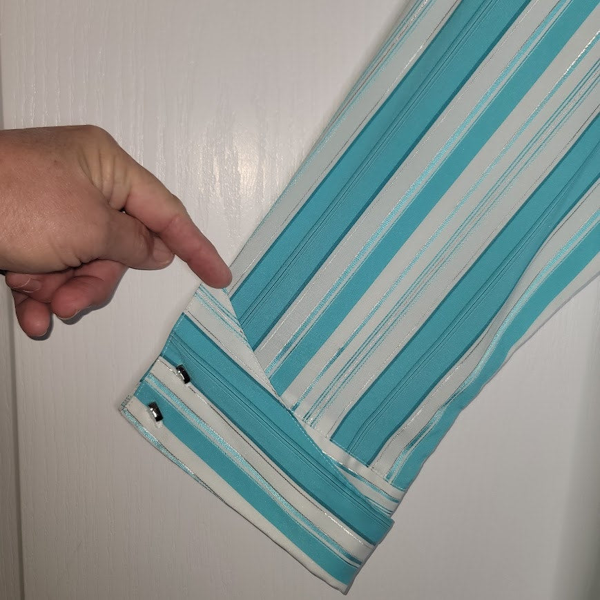 Cato Turquoise Teal & White Striped V-Neck Blouse Large Button Up Silver Thread