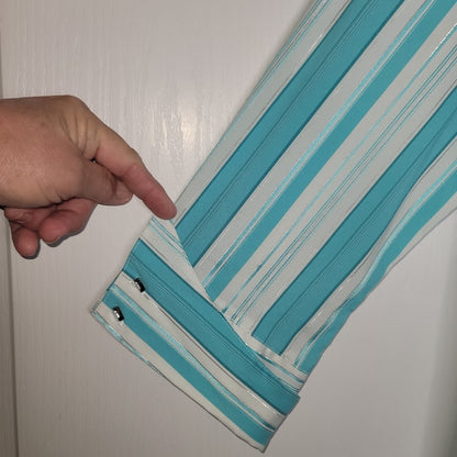Cato Turquoise Teal & White Striped V-Neck Blouse Large Button Up Silver Thread