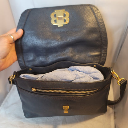 Bean Pole Top handle Shoulder Bag purse pebbled blue Leather