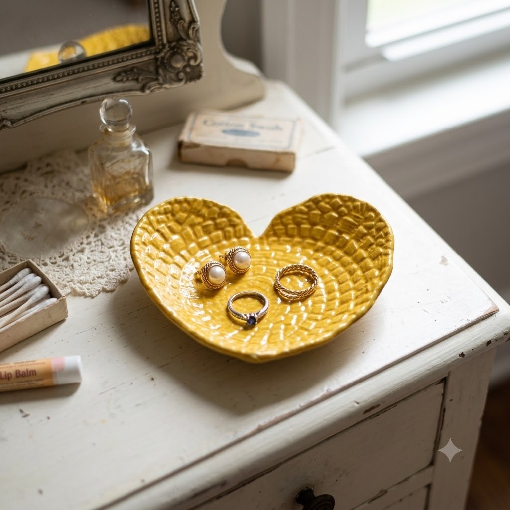 Vintage Bright Yellow Textured Heart-Shaped Ceramic Trinket Dish