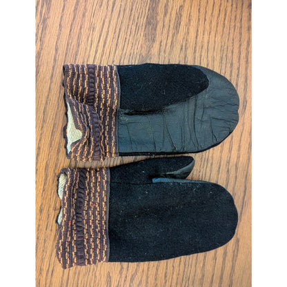 Vintage Black Wool & Leather Fleece-Lined Winter Mittens