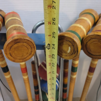 Vintage Wooden Croquet Set with Blue Storage Stand Lawn Classic Game