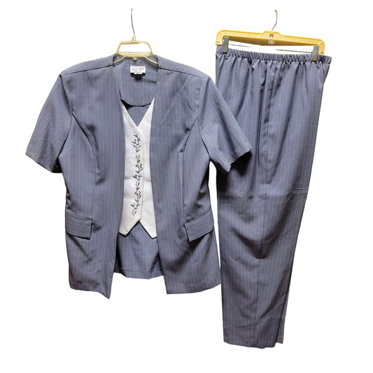 Vintage 80 Savvy 2pc pantsuit Gray short sleeve Elastic Waist pinstripe size 18