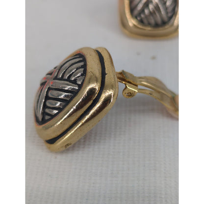 Vintage Two-Tone Mixed Metal Basketweave Door Knocker Clip On Earrings Glamour