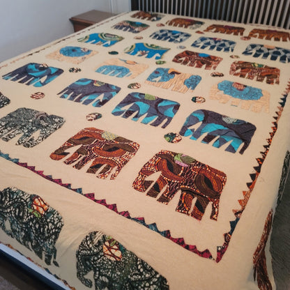 Boho elephant tiedye Hand sewn queen full blanket coverlet lightweight bedspread