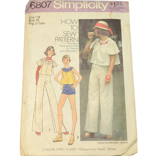 Simplicity 6807 Sewing Pattern Size 7 8 Bust 29 Young Junior Misses Tops Pants