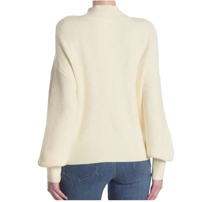 Elodie Women's Mock Neck Long Balloon Sleeve Sweater in Ivory White XL NEW