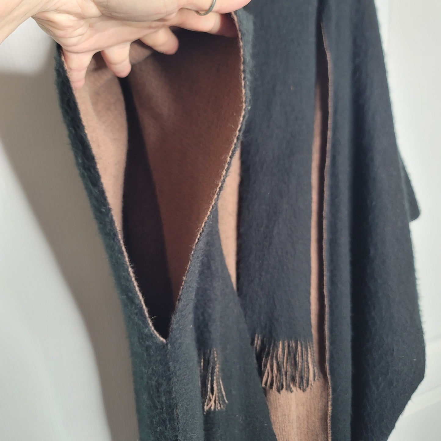 Shawl One Size Black Brown Reversible long Sweater Wrap Fringe Fuzzy Armholes