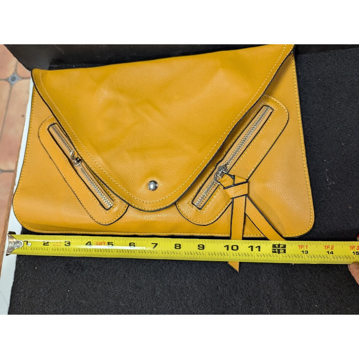 Vegan Faux Pebbled Leather Mustard Yellow bag Clutch Purse Front zip pockets