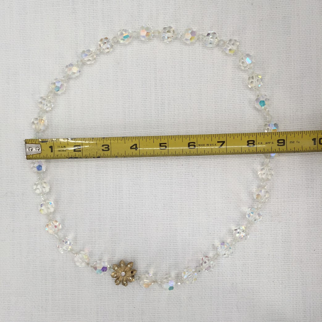 Vintage Aurora Borealis Glass Crystal Bead Necklace Facet goldtone flower clasp