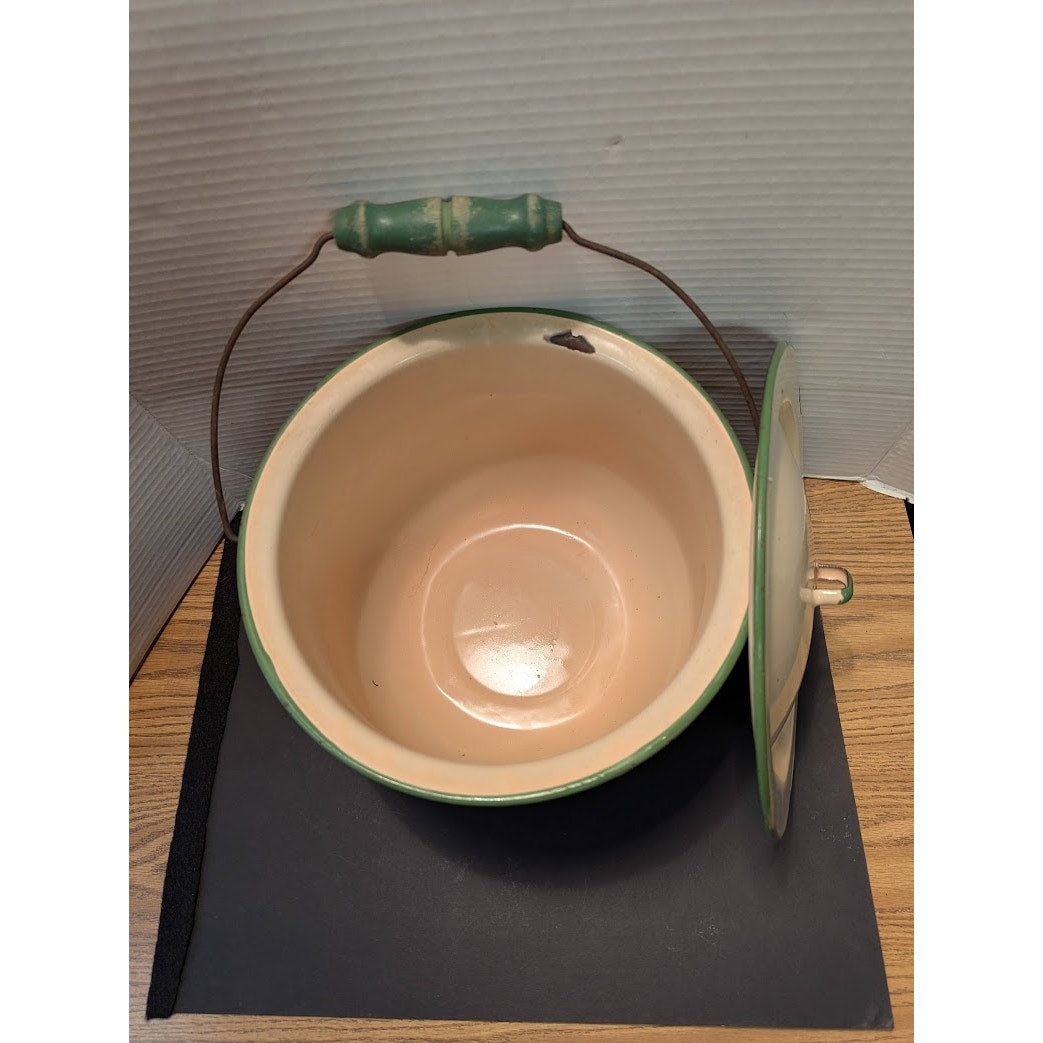 Vintage 1940's Cream Green Enamelware Pail Chamber Pot Slop Jar Wood Handle
