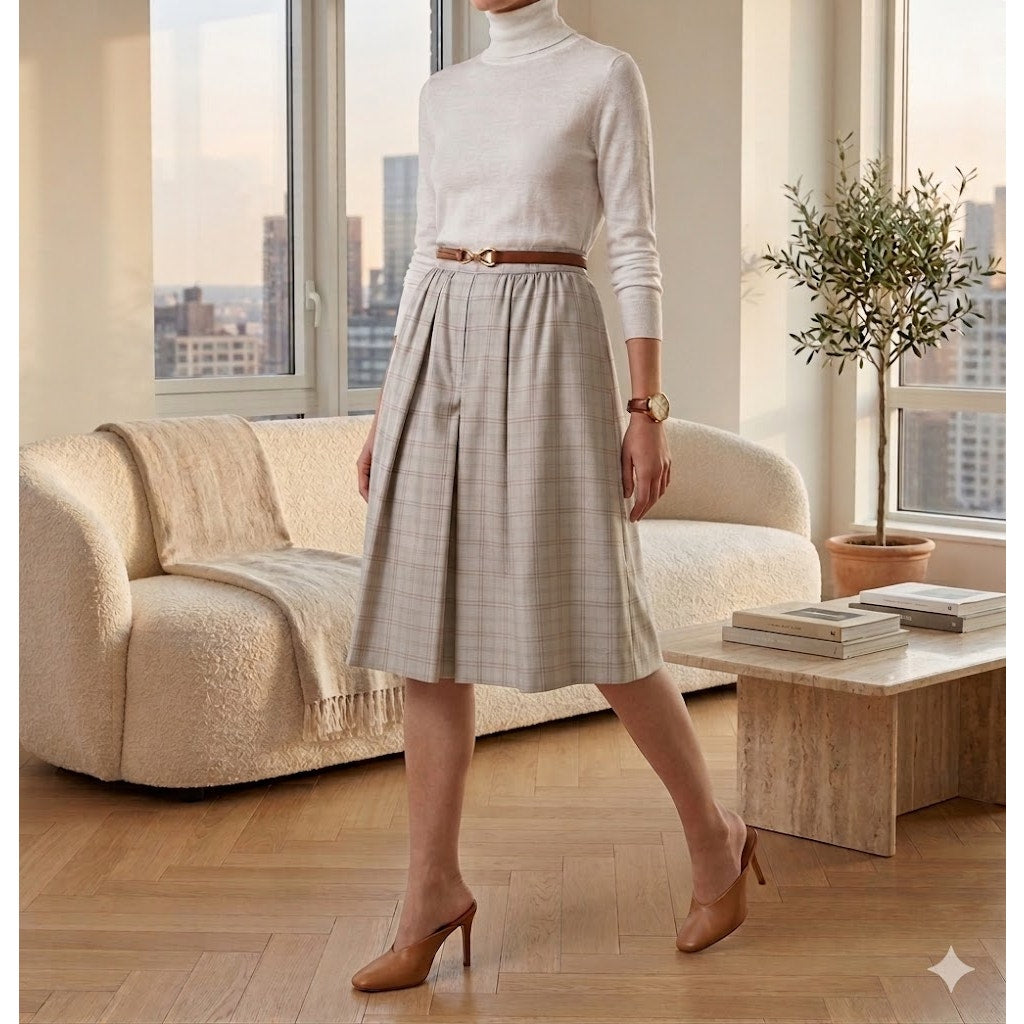 Vintage Gray Plaid Silky Blend Pleated Knee-Length Skirt Small