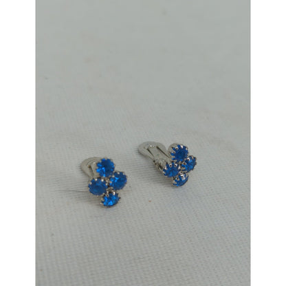 Vintage Vibrant Blue Rhinestone Cluster Clip On Earrings Mid Century Sparkle