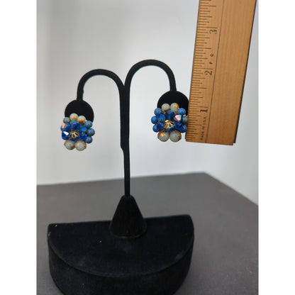 Vintage Blue & Gold Rhinestone Layered Sunburst Cluster Clip On Earrings