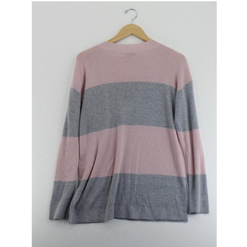 NWT Vince Camuto gray pink stripe ribbed sweater EXTRA-small buttons shoulder XS