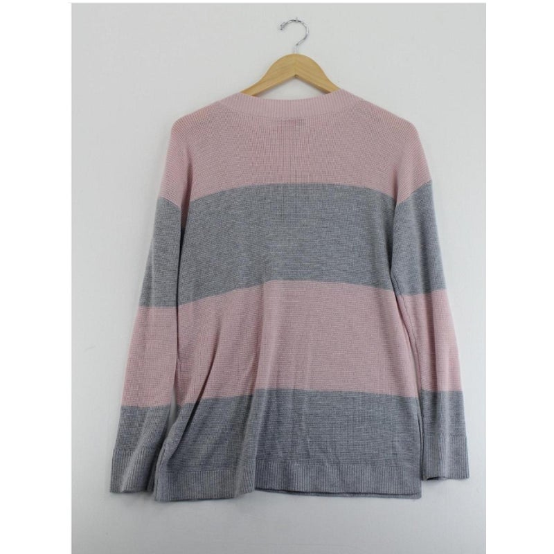 NWT Vince Camuto gray pink stripe ribbed sweater EXTRA-small buttons shoulder XS