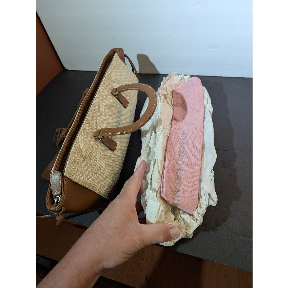 Antonio Melani Ivory Mesh Brown Faux Leather Long Satchel Handbag NWOT Y2K