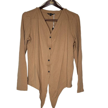 VELVET Heart MEDIUM Textured tan Waist Tie Blouse Top Long sleeve Faux button Up