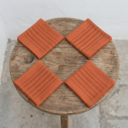 Vintage Mid Century Orange Cloth Napkins Set 4 Black Stripe Accent Retro Dining