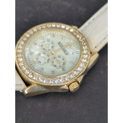 Vintage Signal Women's Watch Gold Tone Rhinestone Bezel White Strap Chronograph