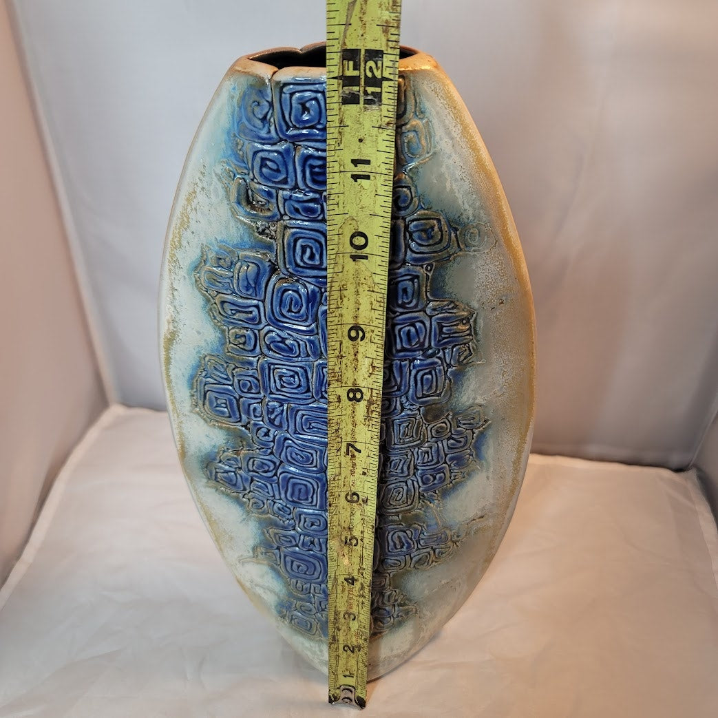 Tenmoku Malaysia 12" Vase Pinched Flatened Pottery Blue Geometric Swirl texture