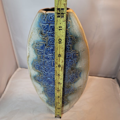 Tenmoku Malaysia 12" Vase Pinched Flatened Pottery Blue Geometric Swirl texture