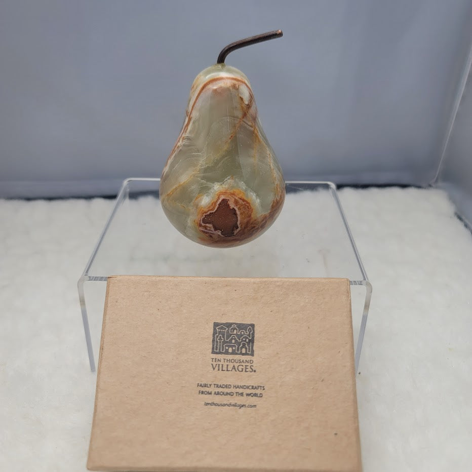 Ten Thousand Villages Onyx Figurine Pear Copper Stem Paperweight Decor