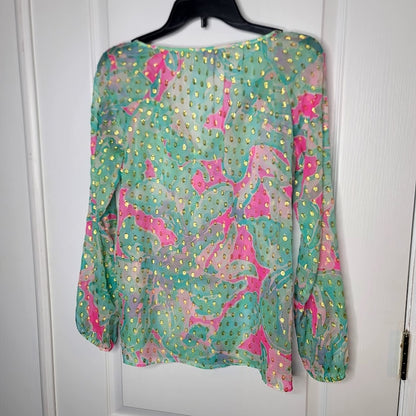 Lilly Pulitzer Small Rilla sheer silk blouse Tropical Pink Sands gold metallic