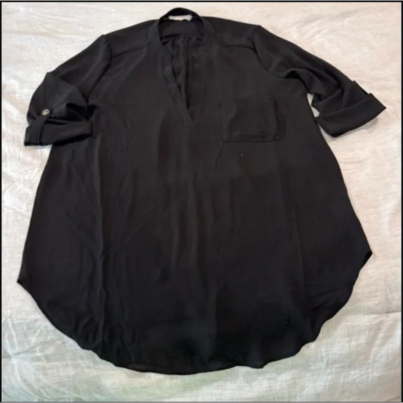 All in Favor Size Small Black Blouse Top Roll Tab Sleeve V Neck Career Round Hem