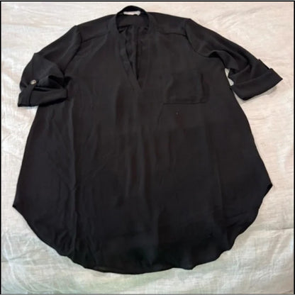 All in Favor Size Small Black Blouse Top Roll Tab Sleeve V Neck Career Round Hem