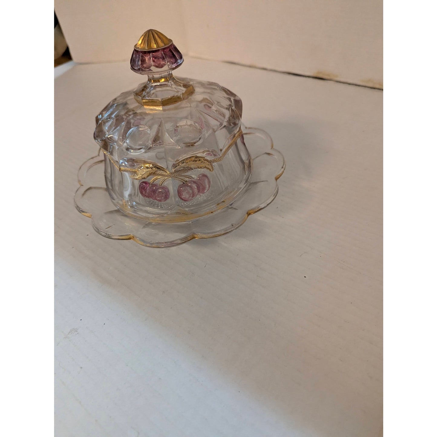 Vintage Mosser Glass Cherry & Cable Butter Dish Clear Pressed Gold Trim 5.5"