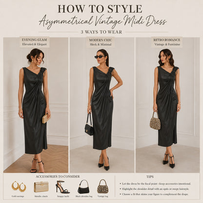 Vintage Black Asymmetrical Beaded Strap Satin Finish Midi Gown Dress Extra Small