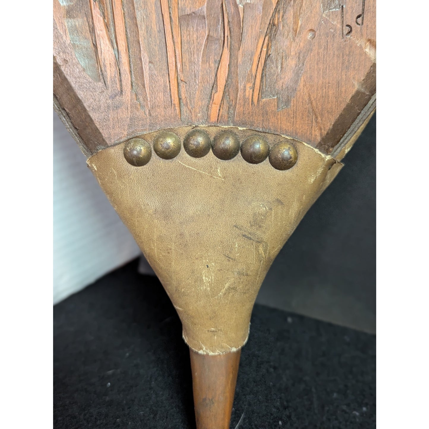 Vintage Hand Carved Wood Fireplace Bellows Bird Motif Brass Studs Large 22"