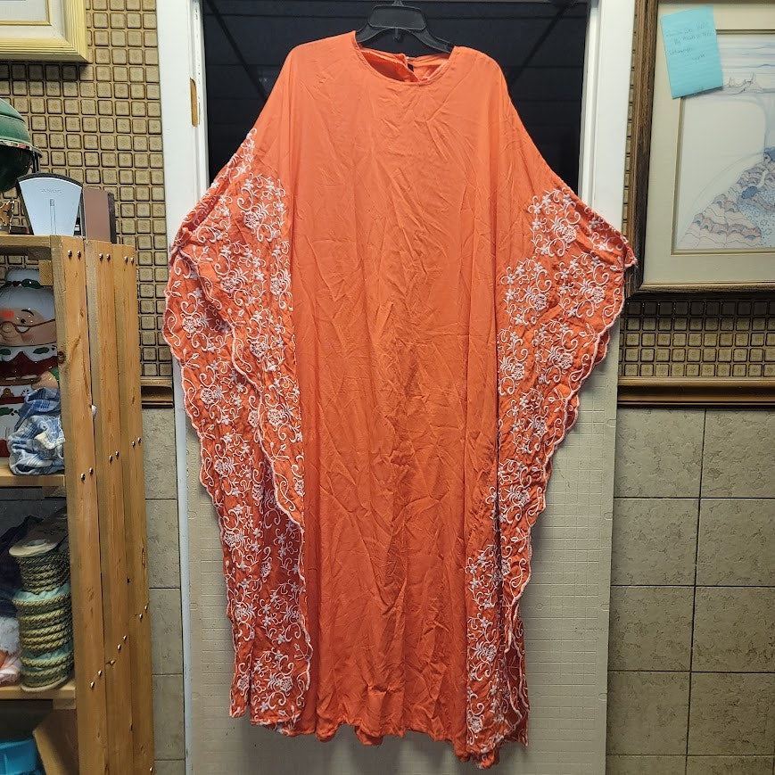Cruise wear Orange Chiffon Embroidered Kaftan Maxi Dress One Size Boho Resort