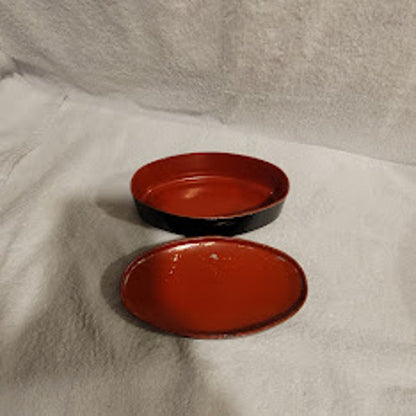 Vintage Russian Metal black floral handpainted trinket box Tin Oval Red inside