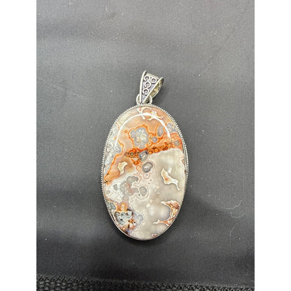 Large Sterling Silver [Flower / Crazy Lace] Agate Statement Pendant 2"  Large