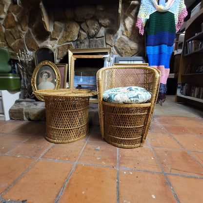 Vintage Mid Century Modern Wicker Barrel Chair and Sunburst Drum Side Table Set