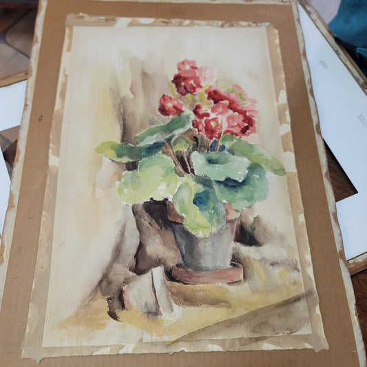 MCM Watercolor Geraniums Floral Still life Unframed on paper 1960s Approx. 22x14